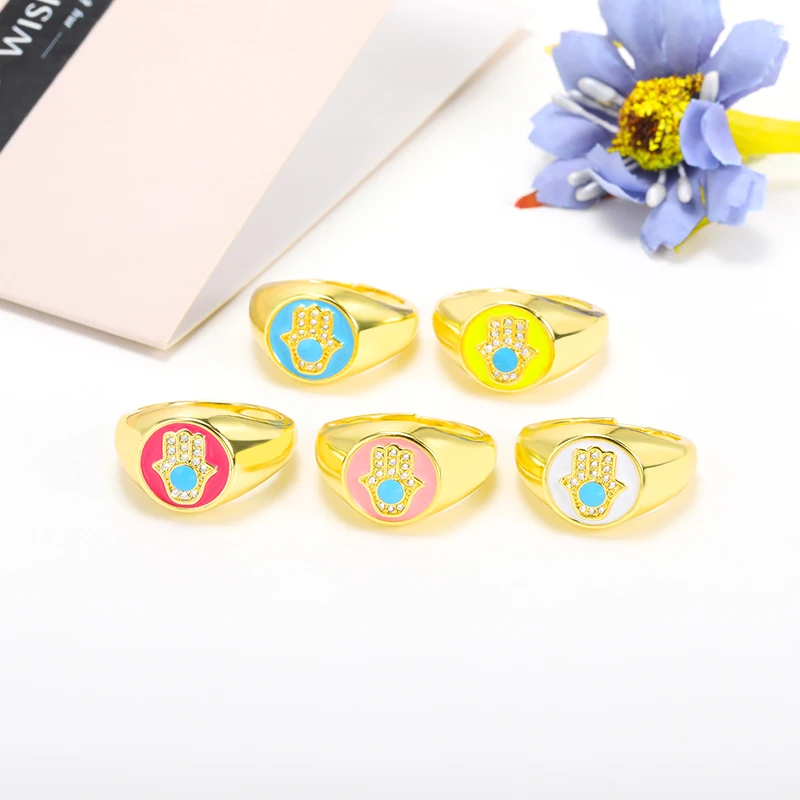 

Enamel Dripping Oil Palm Round Rings For Women Stainless Steel Gold Zircon Opening Ring Trendy Colorful Finger Jewelry Gift
