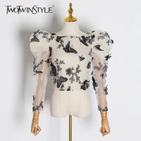 twotwinstyle embroidery butterfly mesh shirt women o neck puff sleeve top perspective blouse female fashion 2020 tide