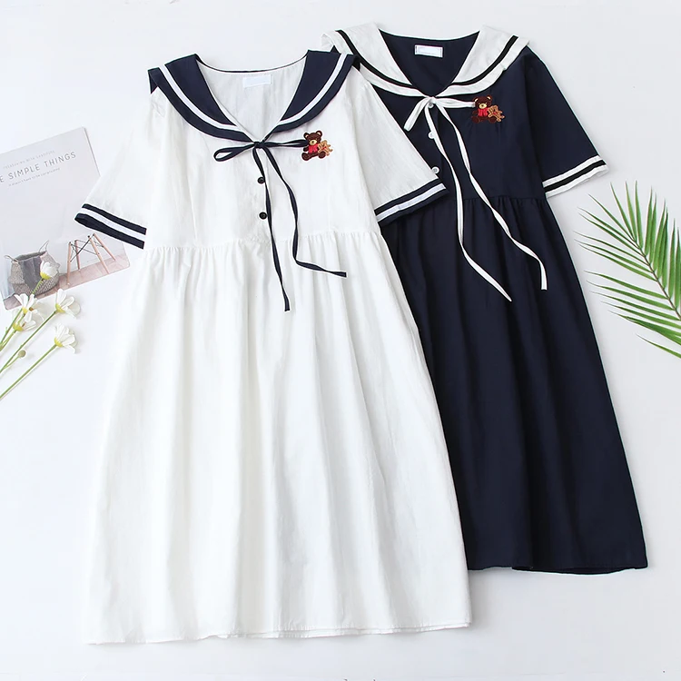 

Летние женские хлопковые платья с вышивкой в виде мультяшного медведя, платья для девушек, тёмно-синих цветов, платье JK 2021, милое белое милое...