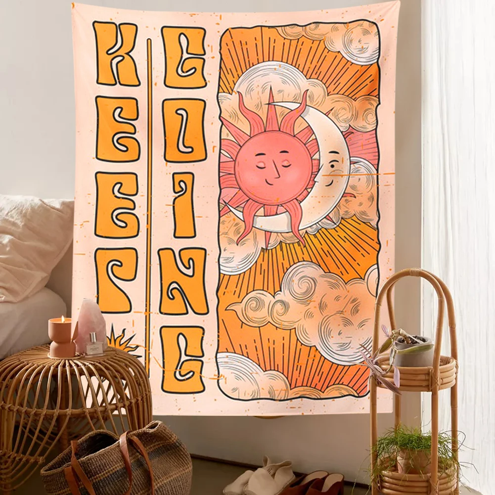 Гобелен с цитатой Keep Going Настенный декор в стиле ретро 70-х подвеска виде солнца