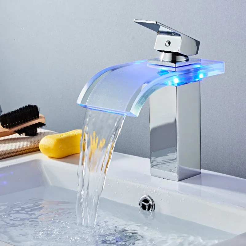 

LED Basin Faucet Temperature Colors Change Bathroom Mixer Tap Deck Mounted Wash Sink Glass Taps Hot And Cold Tap