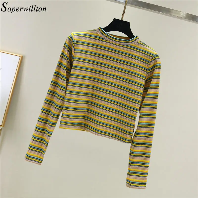 yellow Женский укороченный топ, футболка с длинным рукавом, в полоску,, короткая Сексуальная футболка, женская трикотажная футболка, уличная женская одежда черного цвета T1 - Цвет: yellow