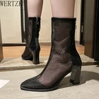 Женские ботильоны с острым носком, сетчатые босоножки на квадратном каблуке, сандалии-гладиаторы для подиума на высоком каблуке, 2021