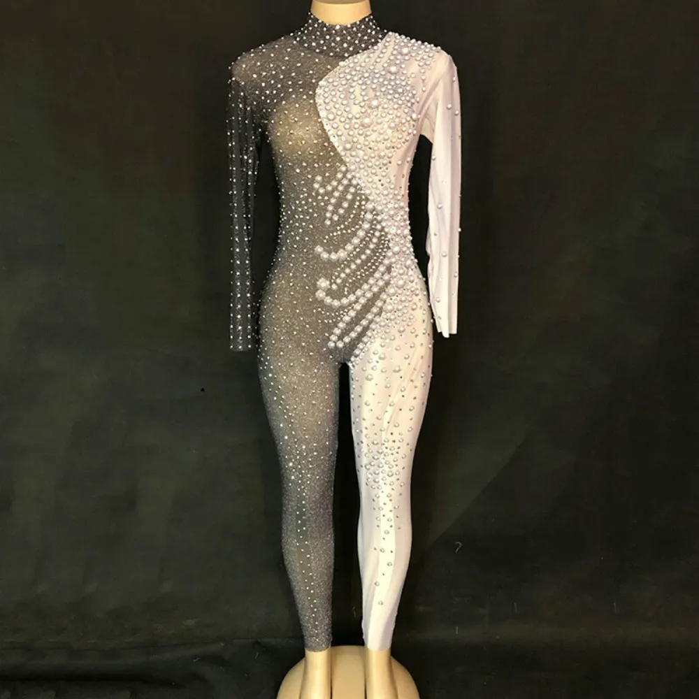 Блестящий сетчатый прозрачный комбинезон с жемчужинами Женский костюм для