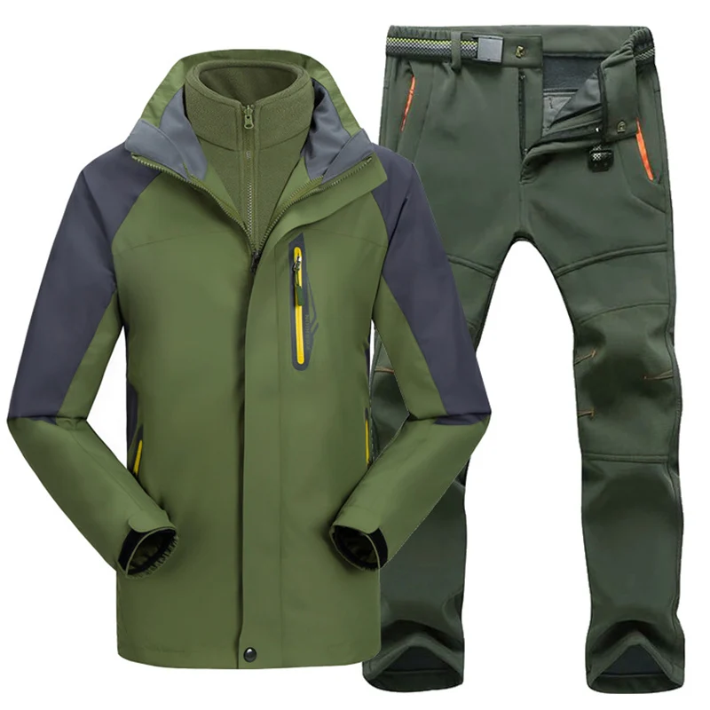 

Men Winter Outdoor Ski Suit Set Hiking Skiing Male Waterproof Jackets Fleece Warm Multicolor Fishing Trekking Ski jacket +Pant