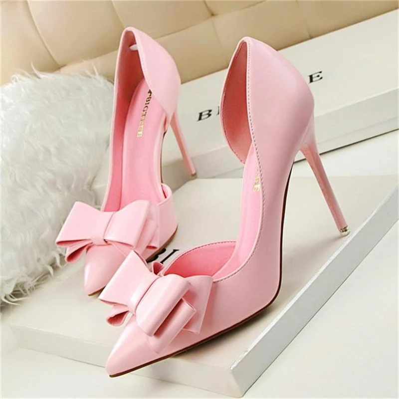 

SIZE 34-43 7 Colors Sweet Bowtie Pointed Toe Women Pumps New Fashion Patent Leather Sexy Side Cut-outs Shallow High Heels Shoes
