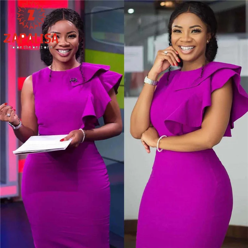Фиолетовое элегантное офисное женское облегающее платье Zapalisa с высокой талией