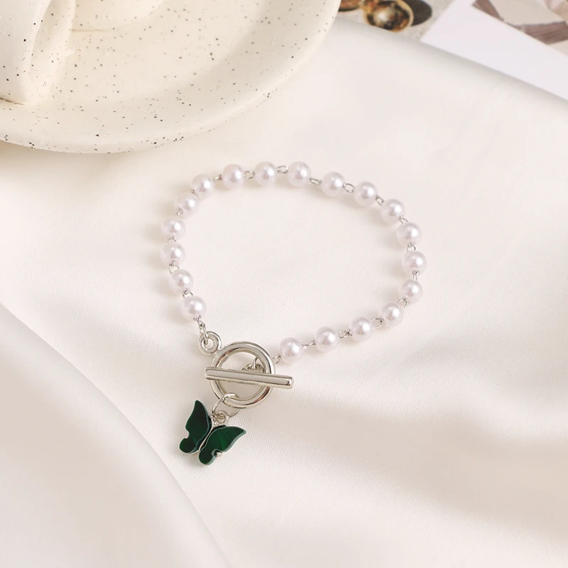 

KISSWIFE New Acrylic Colorful Butterfly Pendant Bracelets For Women Pearl Silver Color Chain Bracelet Fashion Jewelry 2021 Trend