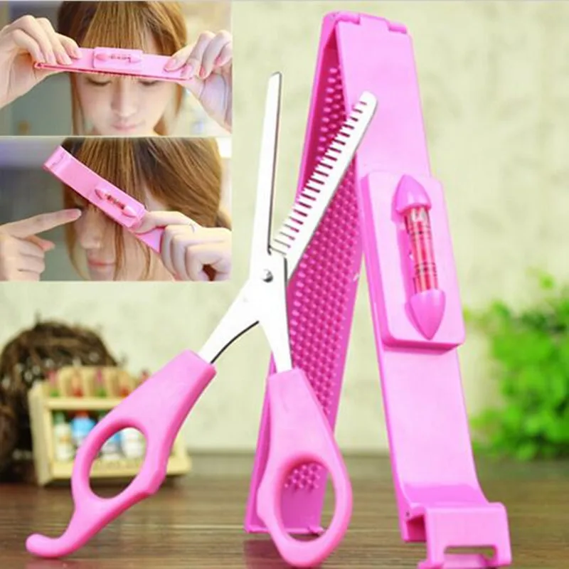 2 шт./лот Профессиональные Розовые DIY Инструменты Для женщин артефакт установить волос Резка ножницами с правитель волос Резка отсечения Синтетические чёлки волос парикмахерские
