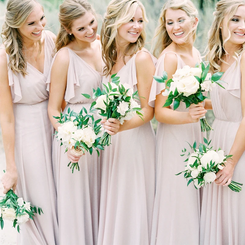 

New Design Pale Pink Chiffon Spaghetti Straps Ruffles Chiffon Beach Wedding Bridesmaid Dresses