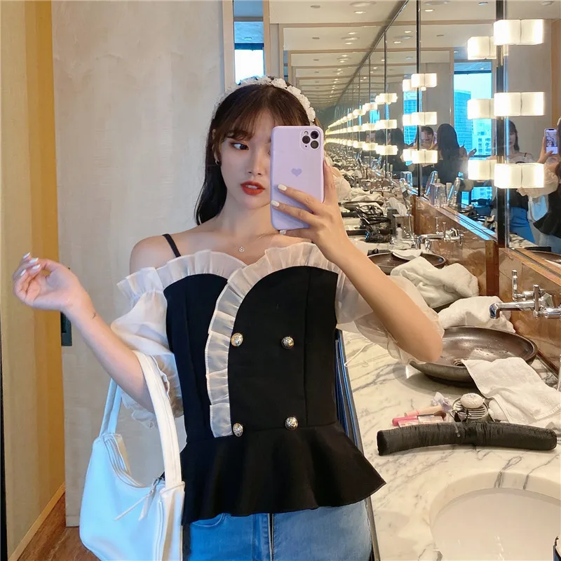 

Korean Style Puff Sleeve Women's Clothing Summer Slash Neck Blouses Off Shoulder Shirts Crop Top Ladies Tops Black New Hot 2021