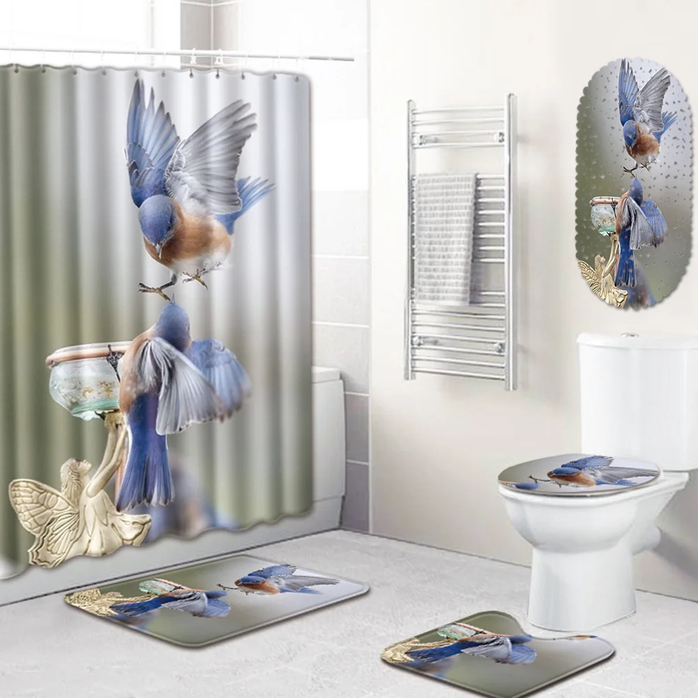

Nature Bird Bathroom Waterproof Shower Curtain Floor Mat Toilet Cover Foot Mat Bathtub Mat Five-Piece Set bathroom mat set