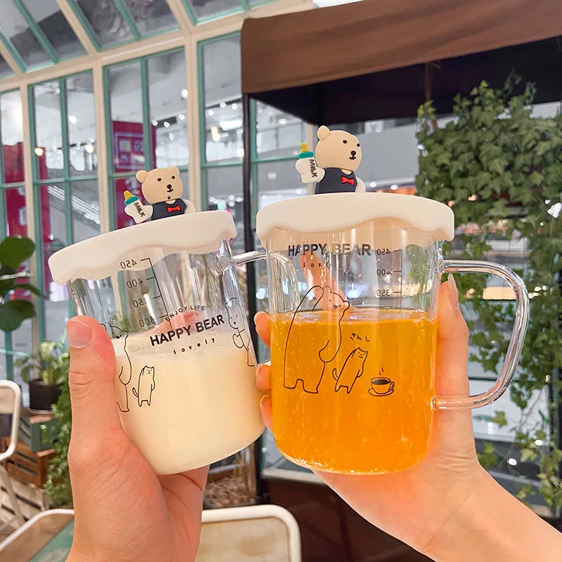 450 мл силиконовый медведь стеклянная чашка с крышкой милые Мультяшные весы