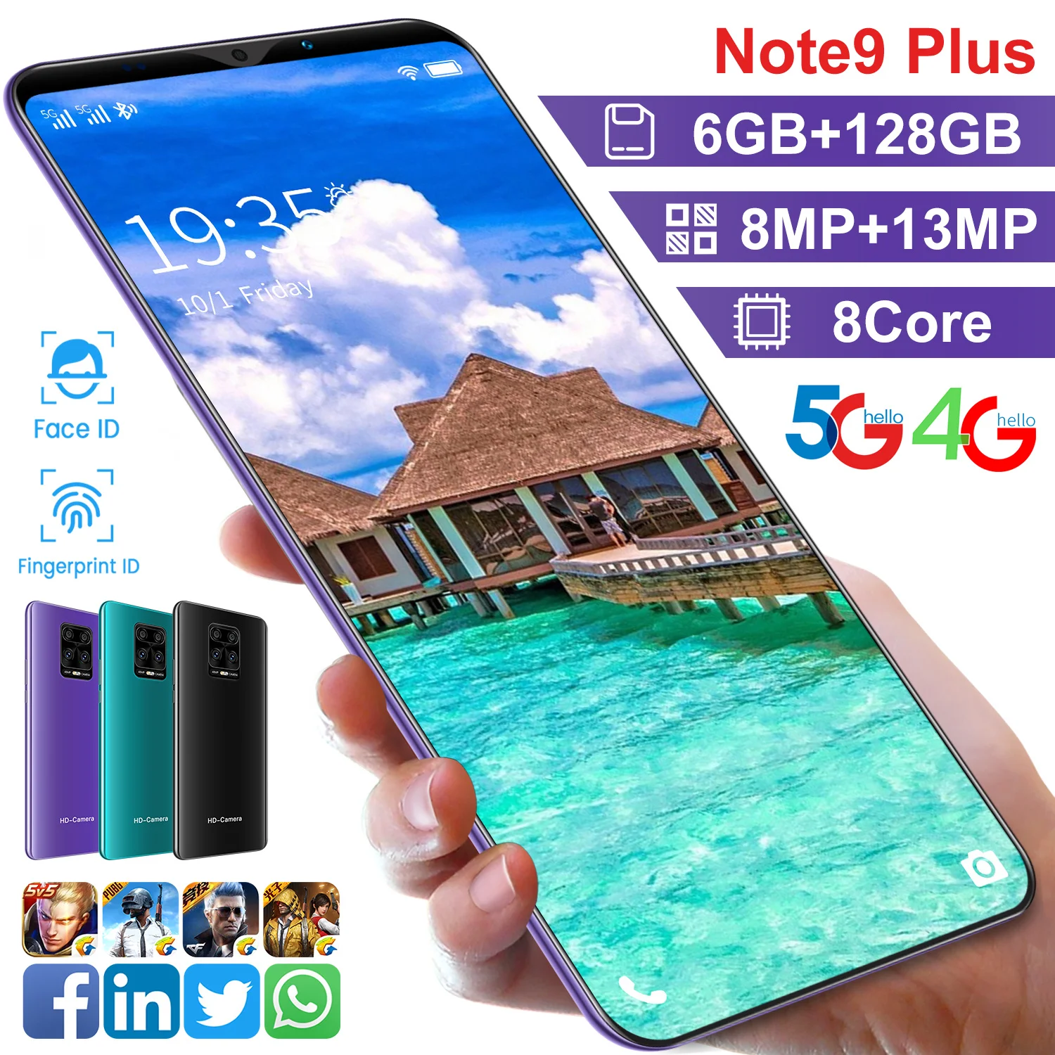 

Free Shipping Note9 Plus 6GB+128GB 8MP+13MP 5.8inch 4800mAh Battery Smartphones Android 10.0 5G 8 Core Telephone Face ID