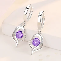 2021 hot luxury purple zircon heart dangle earrings for women trendy silver color female drop jewelry birthstone party gifts