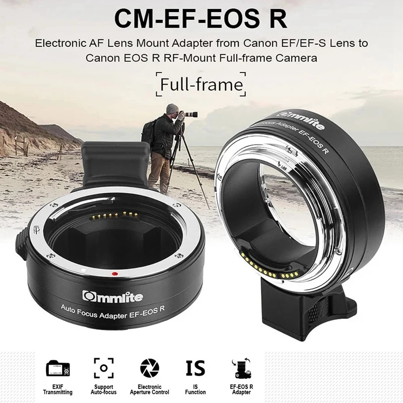 

Commlite CM-EF-EOS R адаптер для крепления объектива, электронный адаптер для крепления автофокуса с функцией IS, управление диафрагмой для Canon EF/EF-S