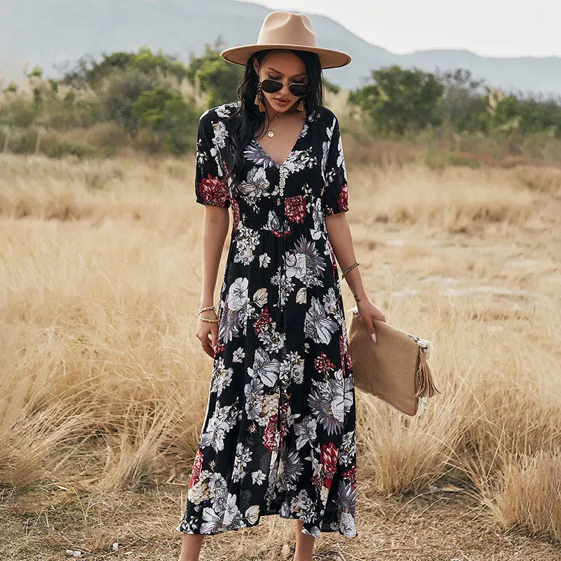 

Spring New Long Floral Dress Women 2021 Sexy V Neck Slim High Waist Bandage Summer Dress Ladies A Line Print Maxi Dresses