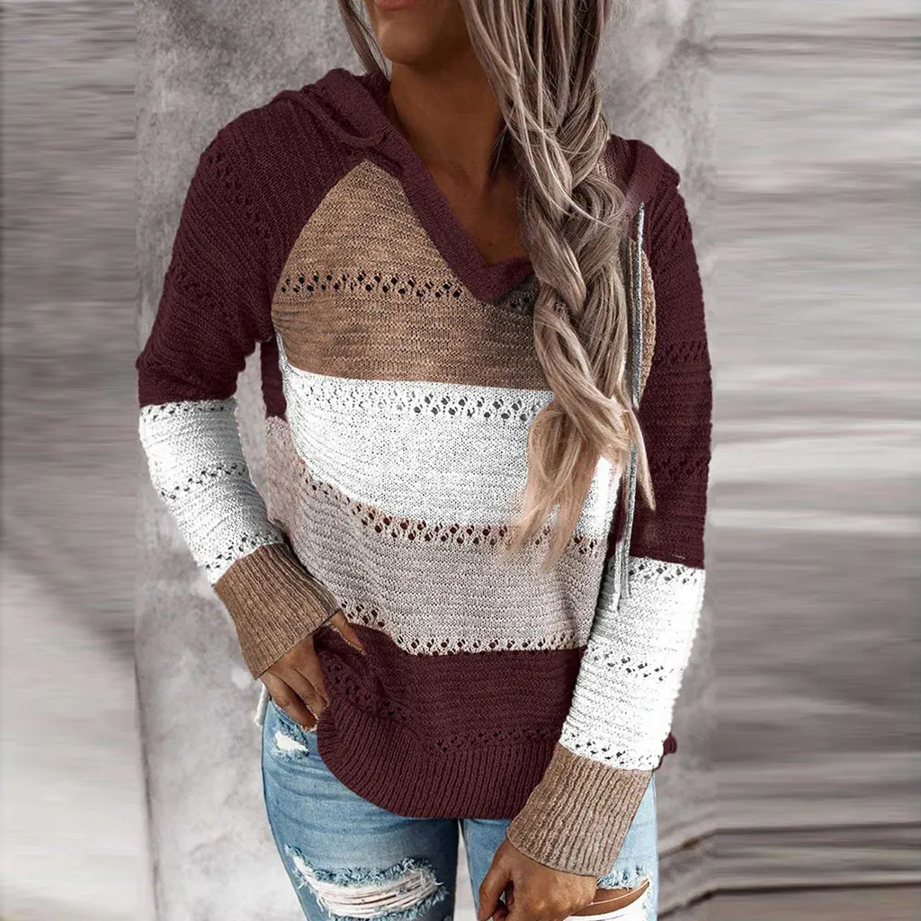 

Women V Neck Patchwork Hooded Sweater Casual Long Sleeve Knitted Blouse Top Autumn Winter Striped Elegant Pullover Jumpers