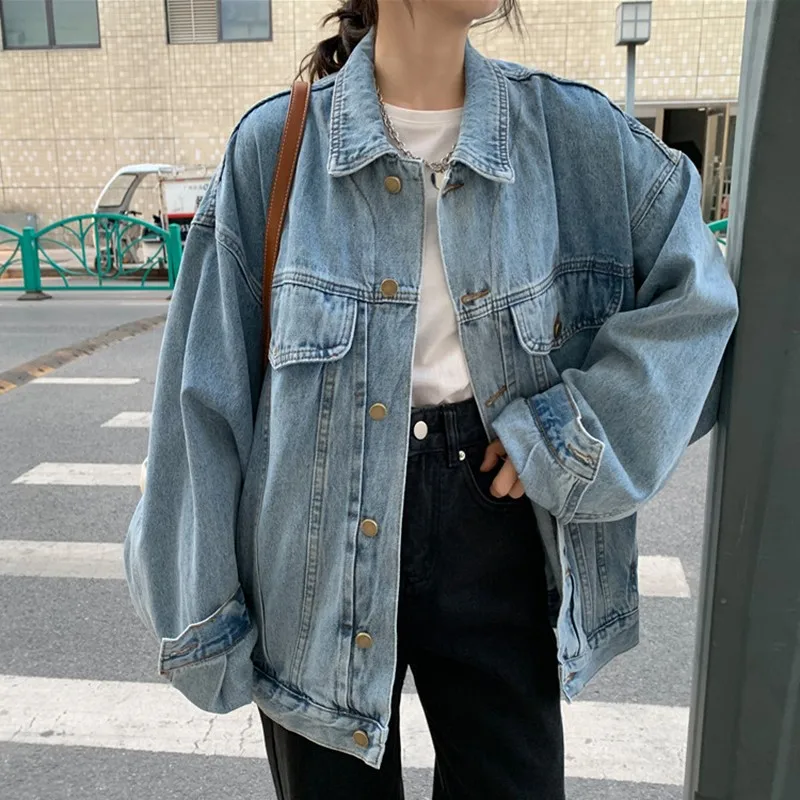 

Oversized Women Casual Jean Jackets New Arrival 2021 Autumn Korean Style All-match Loose Ladies Long SLeeve Denim Coats T030