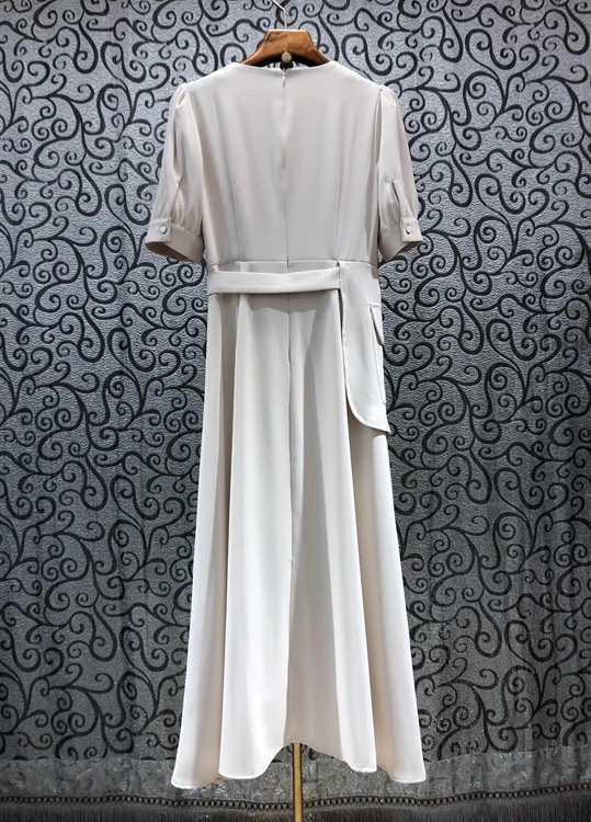 

2021 new women fashion short-sleeved V-neck hem pleated stitching dress 421