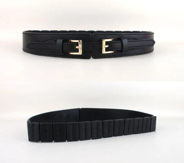 

European and American New Faux Leather Elastic Women's Belt Fashion Double Buckle Wide Version Small Waist Seal