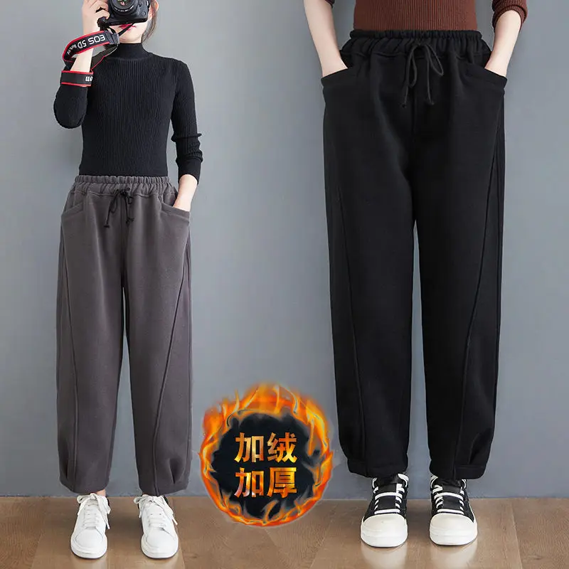 

Autumn Winter New Plus Velvet Sweatpants Women's Loose Large Size Casual Thickened Trousers All-Match Pants Elastic Waist y1220