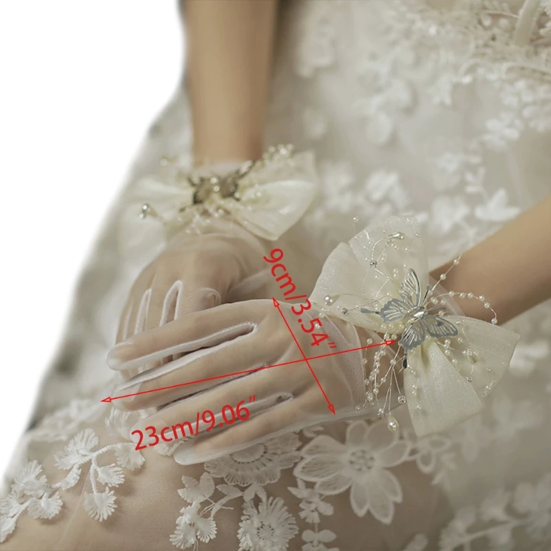 

Sweet Vintage Short Sheer Wedding Gloves Embroidery Butterfly Patchwork UV Protection Sunscreen Bridal Full Finger Mittens