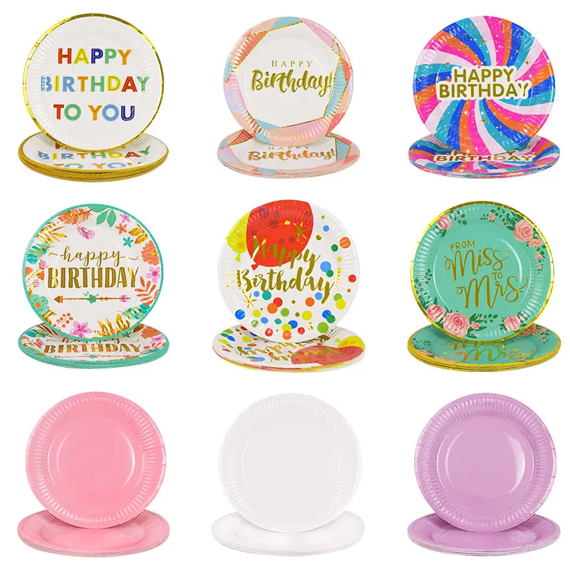 

10pcs 7inch Disposable Tableware Paper Plates Happy Birthday Party Plate Disposable For Baby Shower Wedding Event Party Supplies