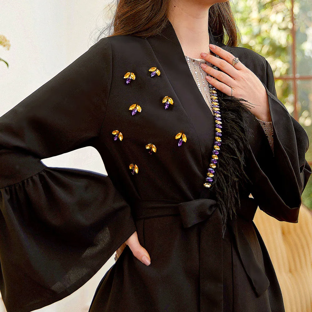Черная абайя искусственное мусульманское хиджаб платье 2023 Caftan марокканская