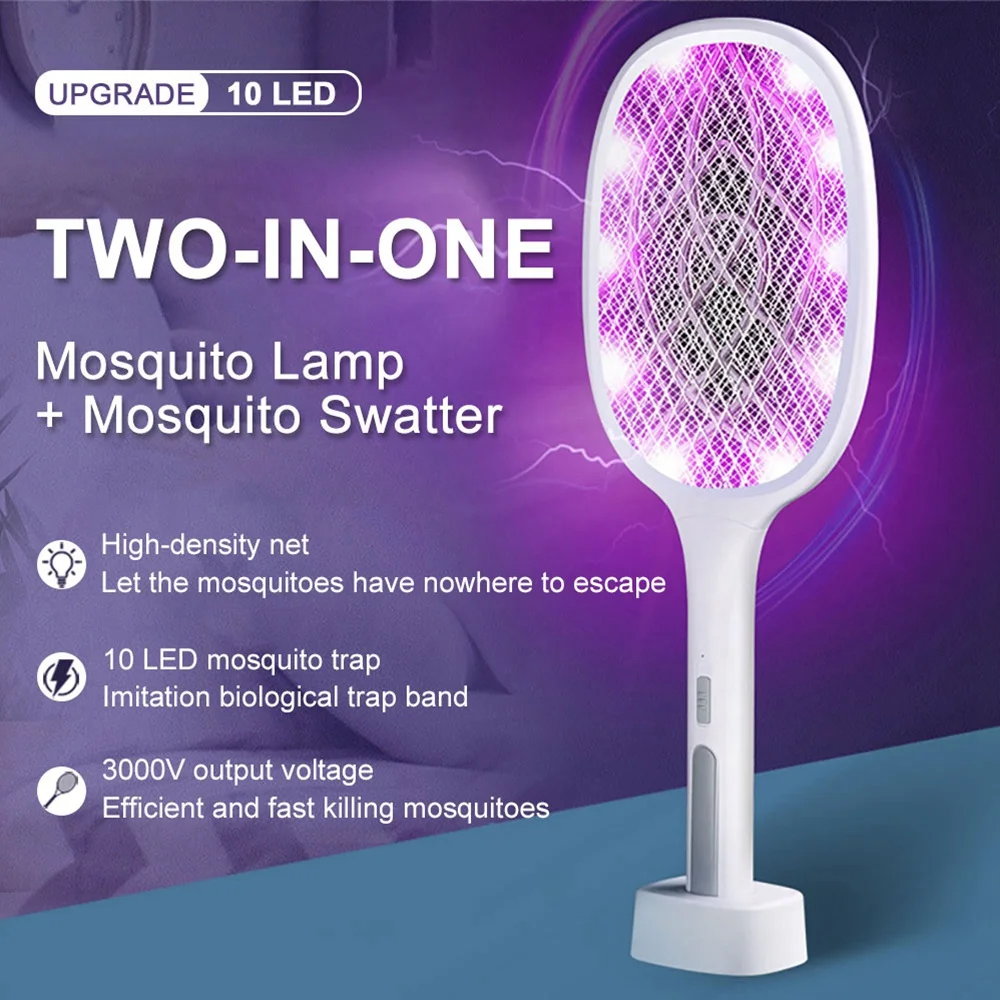 

6/10 LED 2 in 1 Handheld Electric Killing Fly Bug Trap LED Lamp UV Light USB Rechargeable Anti Mosquito Racket Swatter Zapper