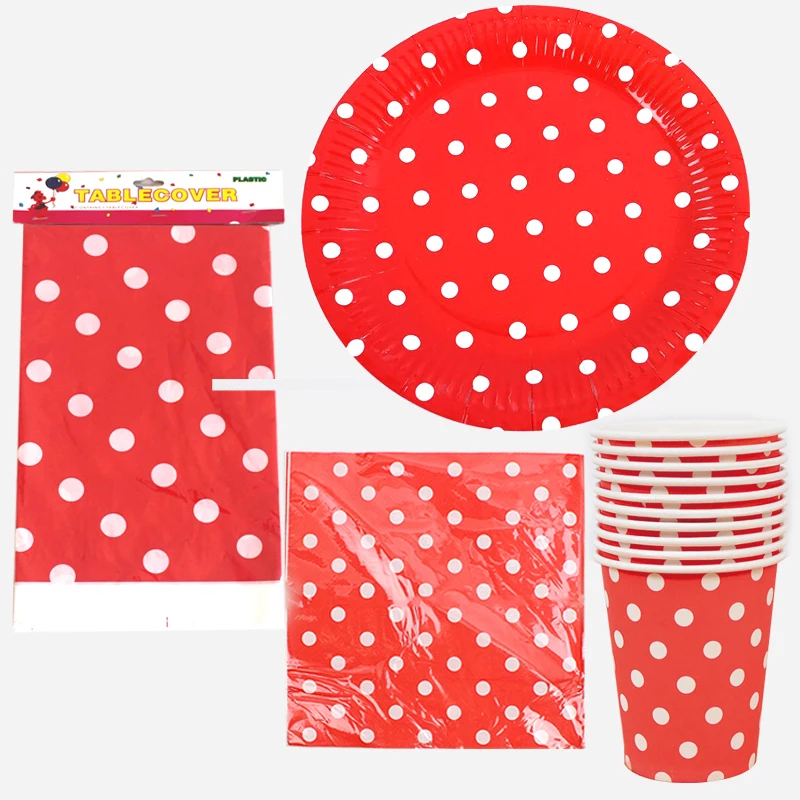

61pcs/lot Red Polka Dots Theme Tablecloth Napkins Kids Girls Favors Tableware Set Plates Cups Baby Shower Party Birthday Maps