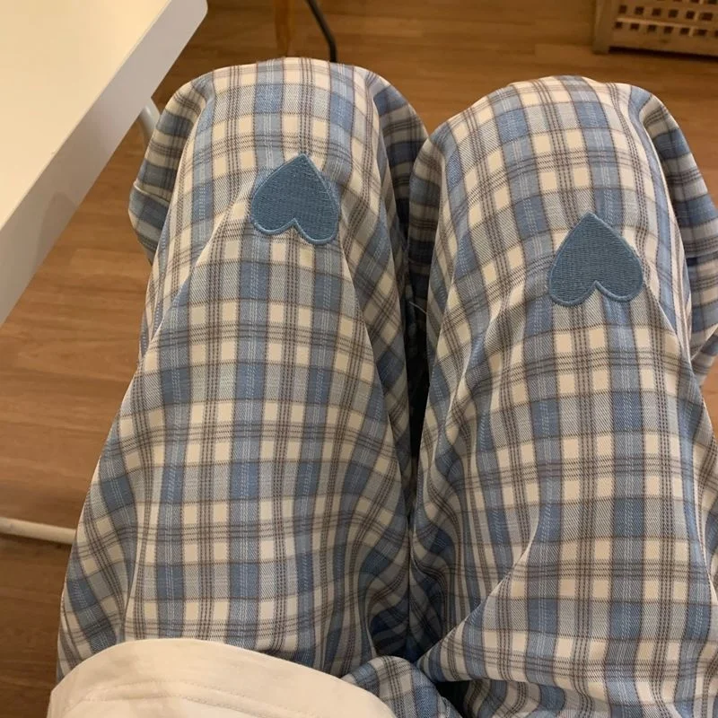 

Plaid pants women 2021 new spring and summer retro love embroidered wide leg pants straight tube loose casual pants