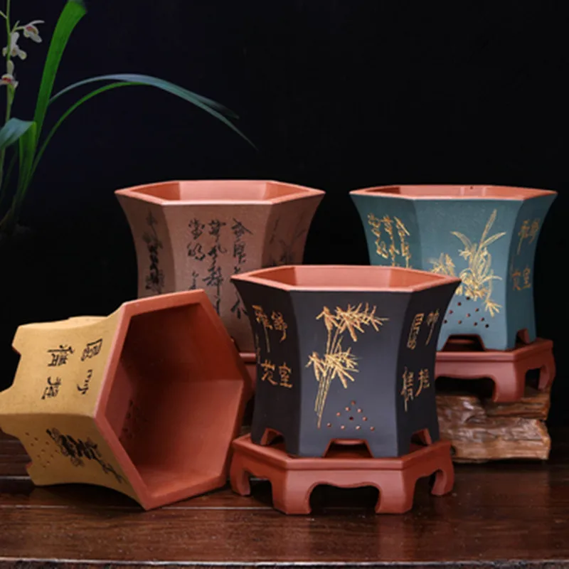 

Orchid Garden Special Bonsai Basin Purple Sand Six Square Large Diameter Green Plant Desktop Household Clivia Pot With Base