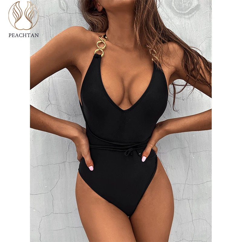 

Peachtan Chain one piece swimsuit women V-neck swimwear female Solid monokini Lace up bodysuit Sexy bathing suit beach wear 2021