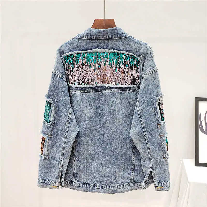 

Wenfly Women Denim Jacket Embroidery Sequins Loose Korean Coat Long Sleeve Large Sizes Outerwear England Female Clothes