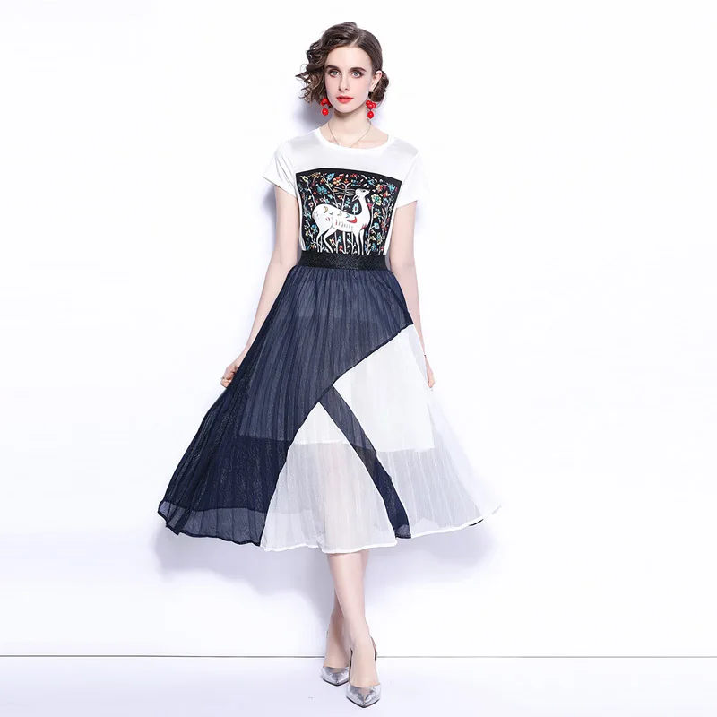 

Autumn Winter Runway Suit Set Women Elegant Short Sleeve T Shirt and Midi Skirt Lady Sweet Casual Party Outfits