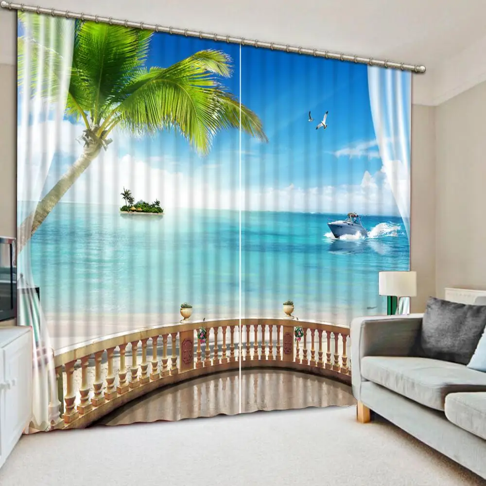 

Custom blackout curtains for living room Beach seascape coconut tree 3d curtains window curtains 3d stereo home goods curtain