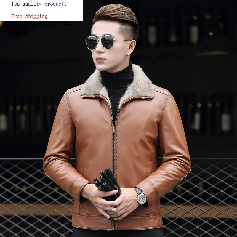 Мужская куртка из натуральной кожи с подкладкой натурального меха норки зимнее