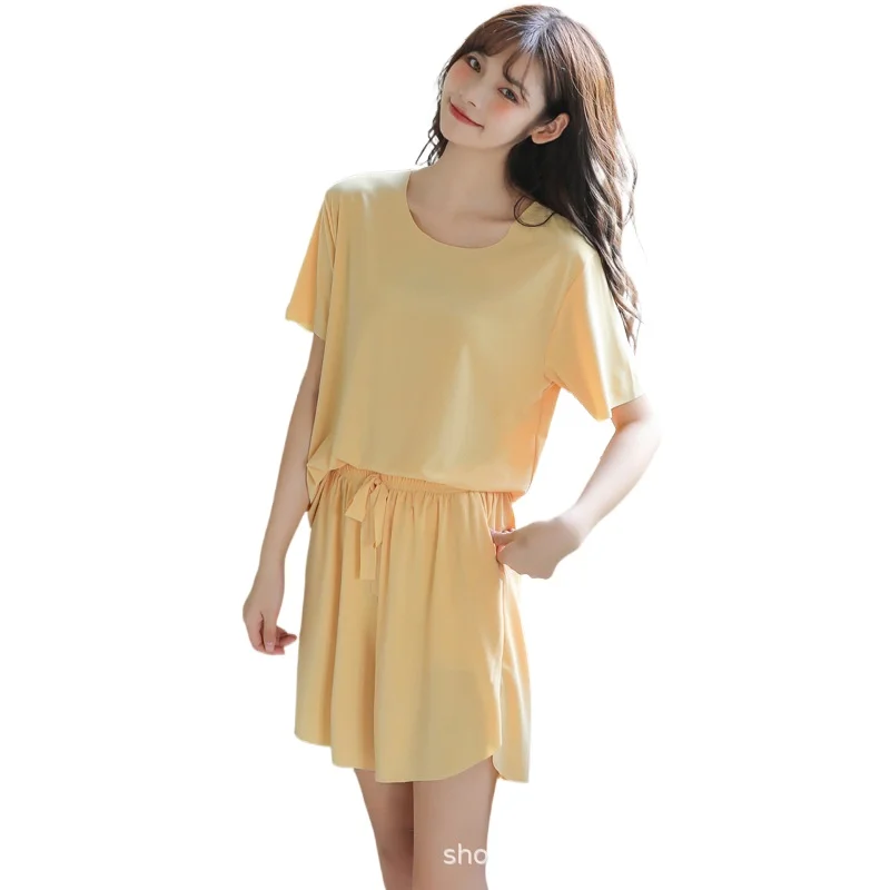 2021 Spring Summer New Ice Silk 2Pcs Women's Pajamas Set Solid Color Nightwear Fashion Home Clothes Sexy Sleepwear Sleeping Wear