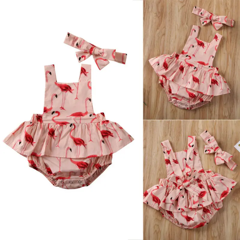 

Summer Newborn Baby Girl Clothes Flamingo Print Romper Sleeveless Cotton Dress Jumpsuit Bodysuit Bow Headband Outfit 0-24M