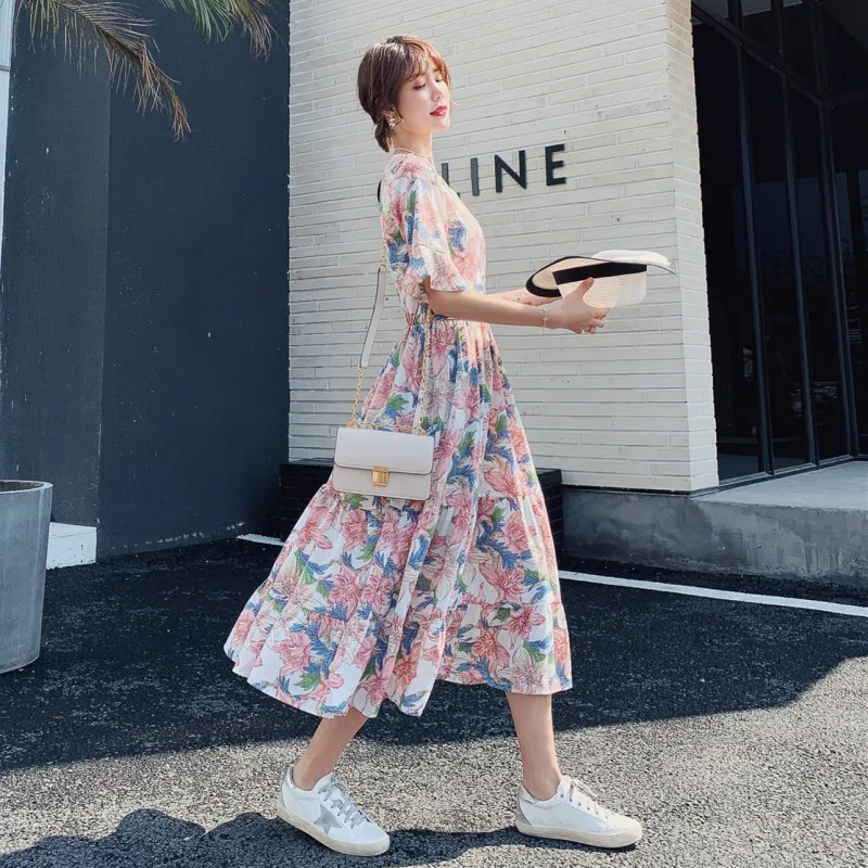 

Summer Beach Printed Chiffon Dress Short Sleeves Women Clothes Ruffles Chiffon Office Lady A-LINE Petal Sleeve V-Neck Mid-Calf