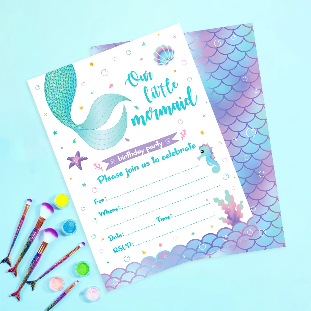 

Purple Little Mermaid Party Sweet Girl Underworld Party Greeting Invitation Cards Kids Baby Shower Happy Birthday Party Supplies