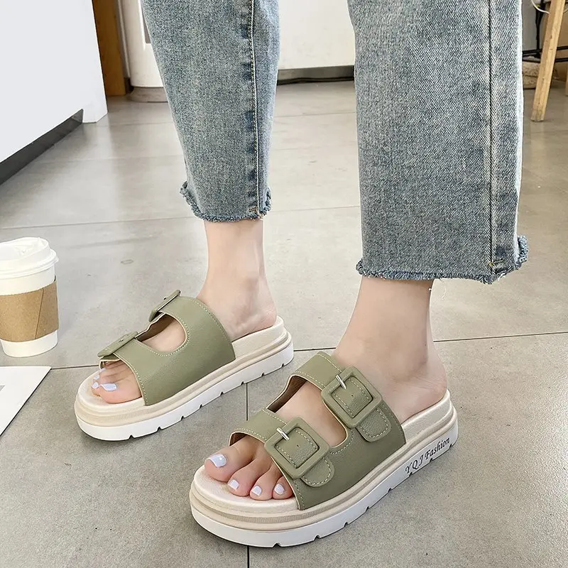 

Platform Sandals Summer Leather Belt Buckle Slippers Casual Women Casual Open Toe Flat Shoe Non-slip Wear-resistant Flip Flops