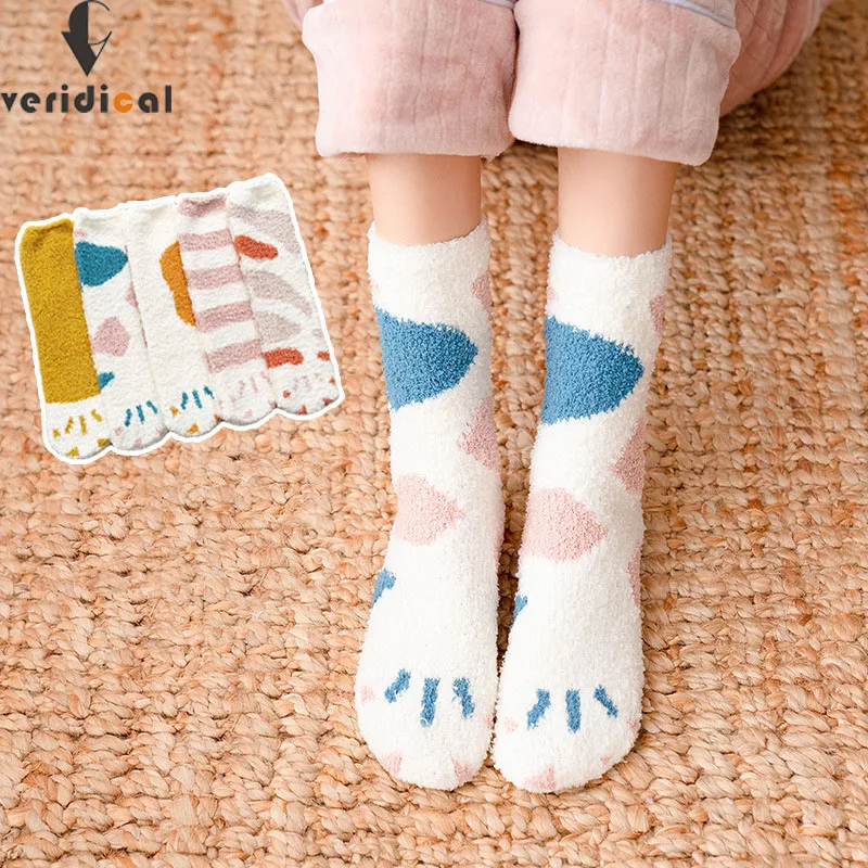 

Теплые женские носки для девочек, Мультяшные толстые милые зимние полосатые носки кораллового цвета с кошачьими когтями для дома и сна, мод...