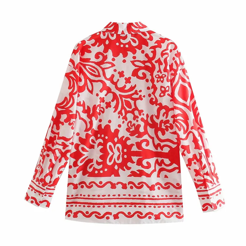 TRAF Za Женская рубашка красная блуза 2021 модный принт Лето воротник Длинная для