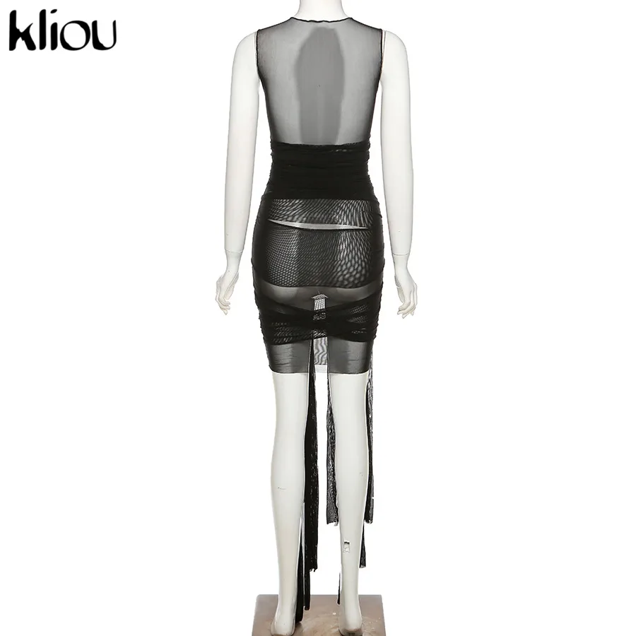 Kliou Ribbons Mesh See Through Bodycon Party Dresses Women Sexy Clubwear Mini Dress Solid Sleeveless Basic Female платье Outfits