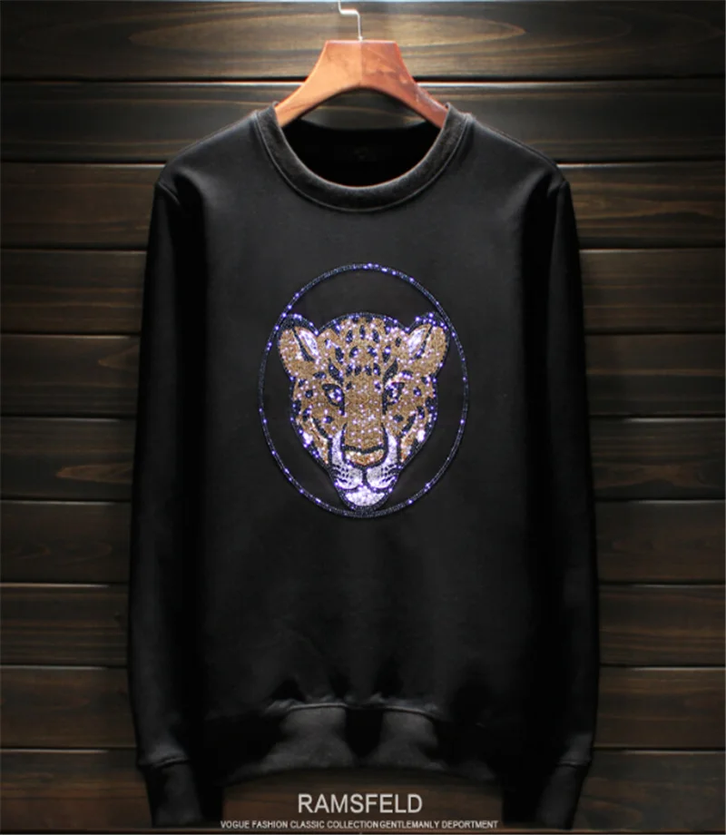 

high quality hot drill top leopard head round neck Plush sweatershirt hoodies
