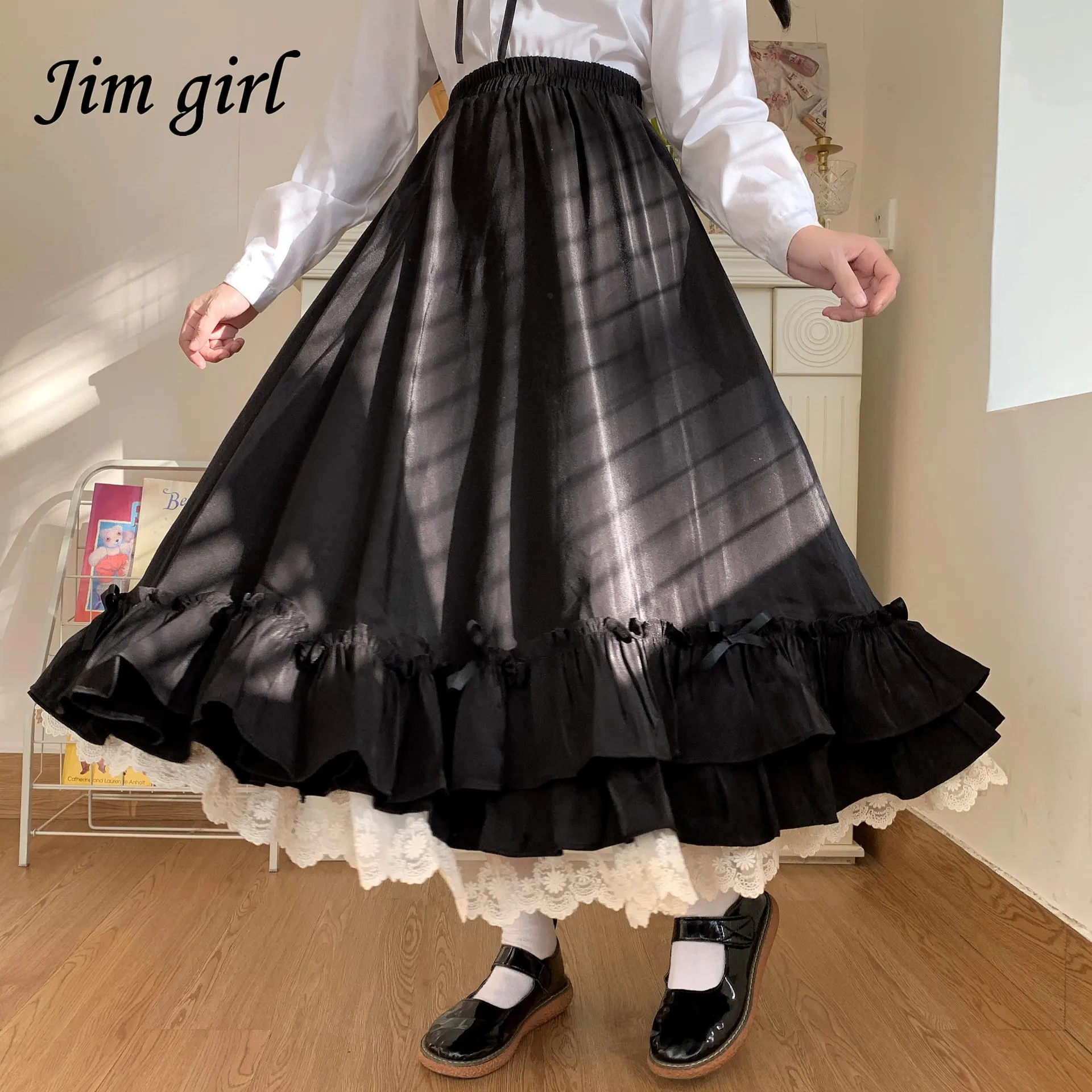 Kawaii Midi Long Skirts Womens Multi Layer Ruffle Goth Black Pleated Skirts Japanese Harajuku Sweet High Waist Lolita Skirt Jupe