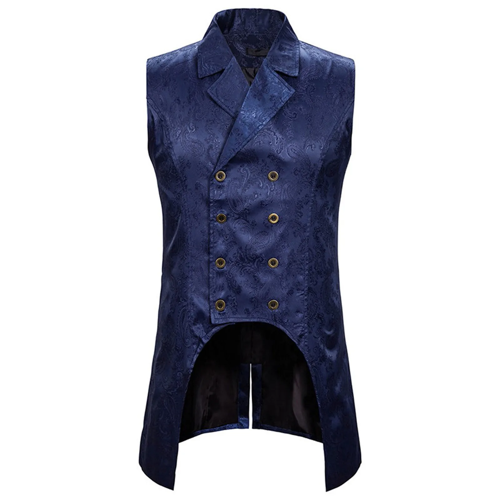 

Wine Blue Paisley Jacquard Long Vest Men Double Breasted Lapel Brocade Vest Waistcoat Mens Gothic Steampunk Sleeveless Tailcoat