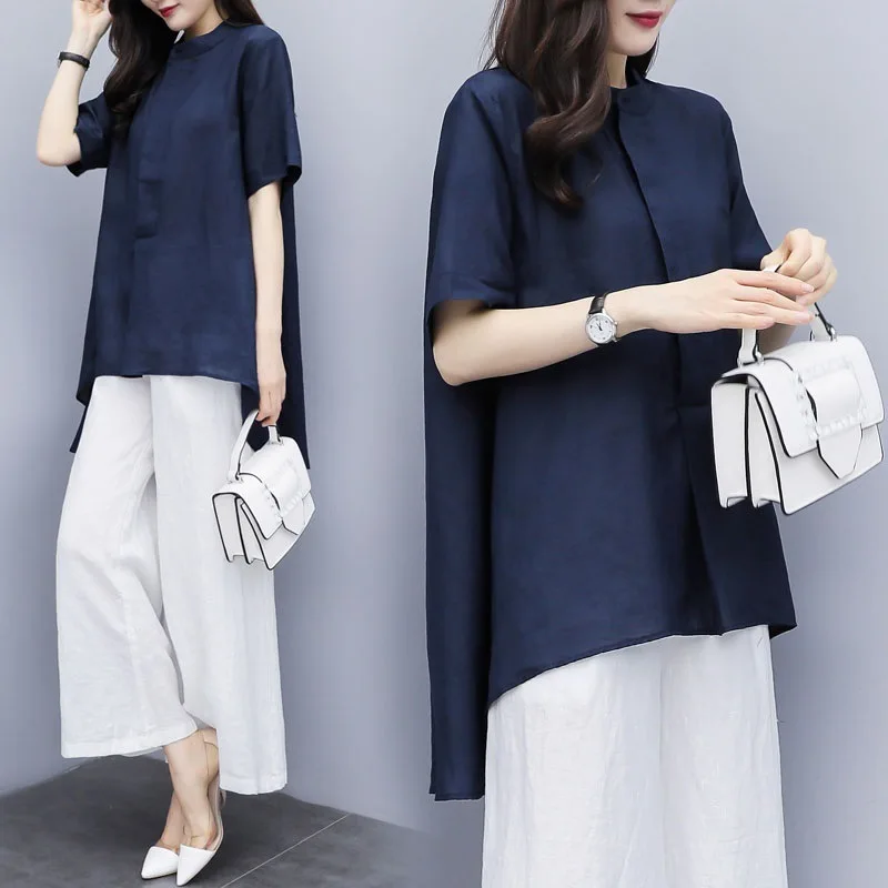 

Summer Casual Two Piece Sets Women Short Sleeve Loose Long Shirt Tops And Wide Pants Suits Casual Vintage Solid Women's Sets
